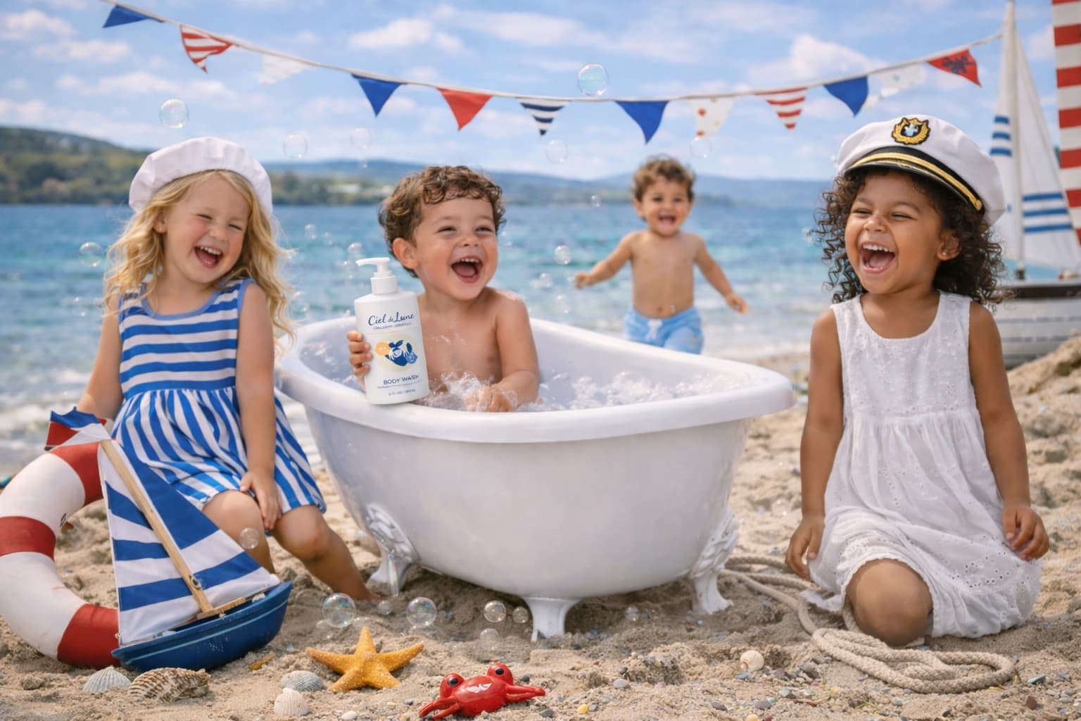 Joyful children at the beach with Ciel de Lune products