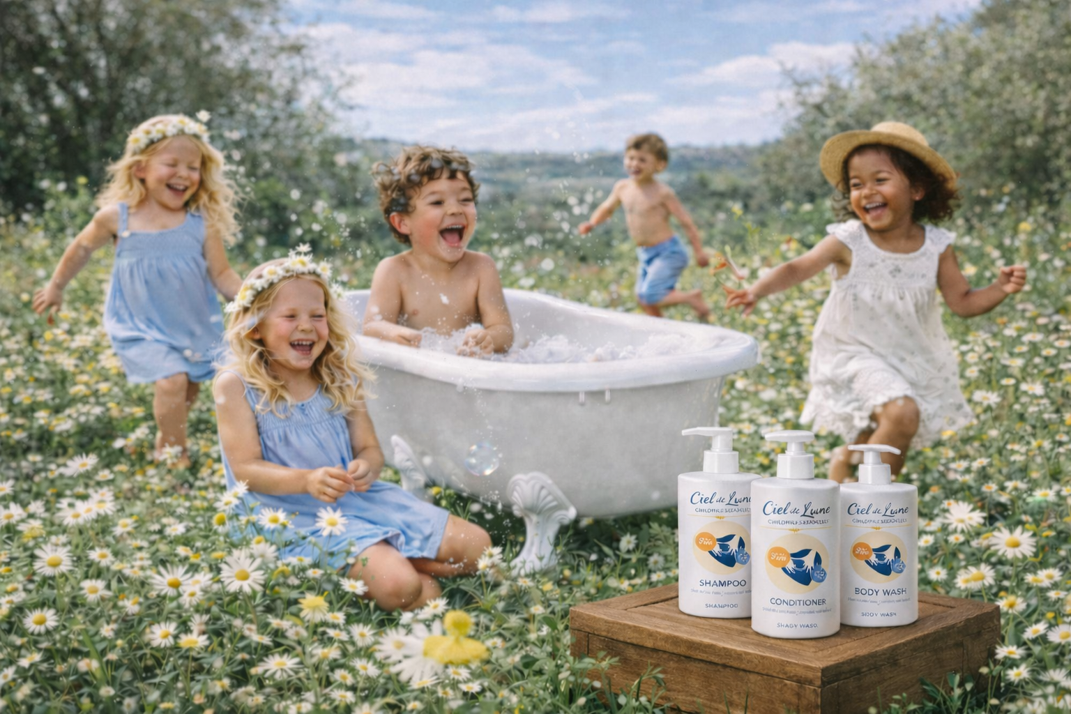 Children enjoying Ciel de Lune products in a joyful outdoor setting
